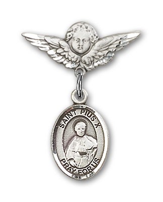 Pin Badge with St. Pius X Charm and Angel with Smaller Wings Badge Pin - Silver tone