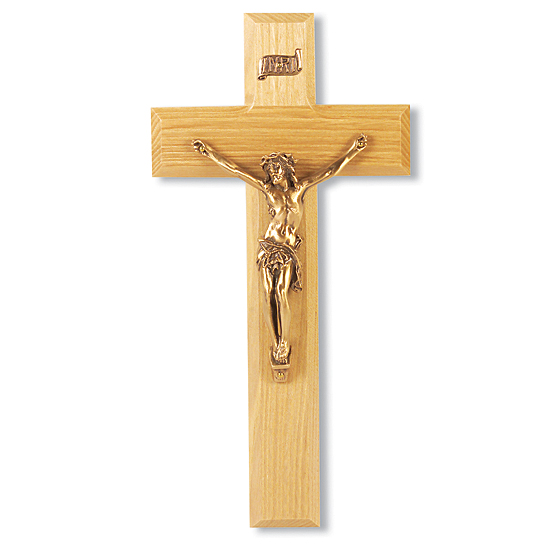 Wide Crossbar Oak Wood Wall Crucifix - 9 inch - Brown