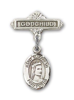 Pin Badge with St. Elizabeth of Hungary Charm and Godchild Badge Pin - Silver tone