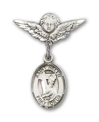 Pin Badge with St. Helen Charm and Angel with Smaller Wings Badge Pin - Silver tone