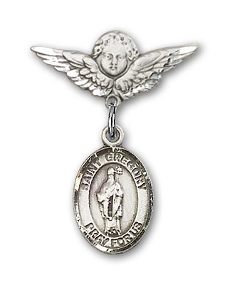 Pin Badge with St. Gregory the Great Charm and Angel with Smaller Wings Badge Pin - Silver tone
