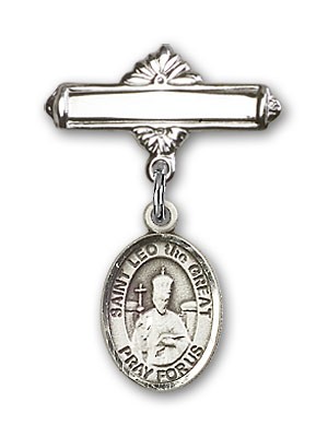 Pin Badge with St. Leo the Great Charm and Polished Engravable Badge Pin - Silver tone