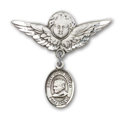 Pin Badge with St. John Bosco Charm and Angel with Larger Wings Badge Pin - Silver tone