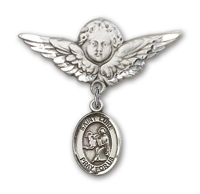 Pin Badge with St. Luke the Apostle Charm and Angel with Larger Wings Badge Pin - Silver tone