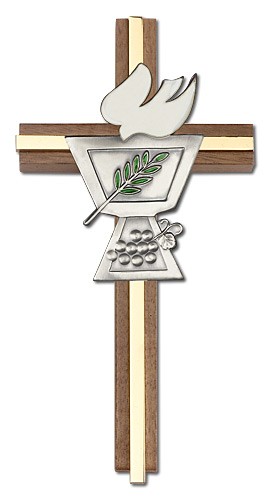 Confirmation Chalice and Dove Wall Cross in Walnut Wood with Metal Inlay 6&quot; - Two-Tone Gold