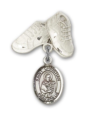 Pin Badge with St. Christian Demosthenes Charm and Baby Boots Pin - Silver tone