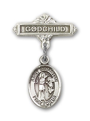 Pin Badge with St. Sebastian Charm and Godchild Badge Pin - Silver tone