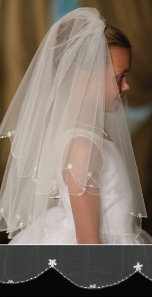 First Communion Veil with Scalloped Edge Embroidered Bead and Flower Accents - White