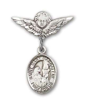 Pin Badge with St. Mary Magdalene Charm and Angel with Smaller Wings Badge Pin - Silver tone