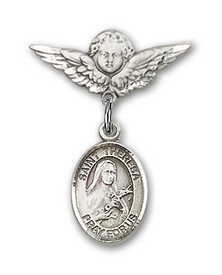 Pin Badge with St. Theresa Charm and Angel with Smaller Wings Badge Pin - Silver tone
