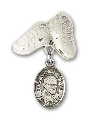 Pin Badge with St. Vincent de Paul Charm and Baby Boots Pin - Silver tone