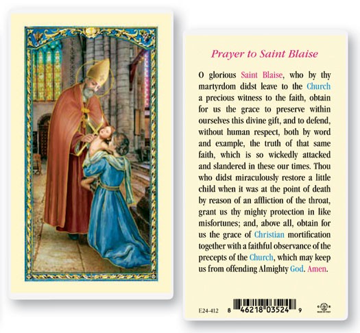 St. Blaise Laminated Prayer Card - 25 Cards Per Pack .80 per card