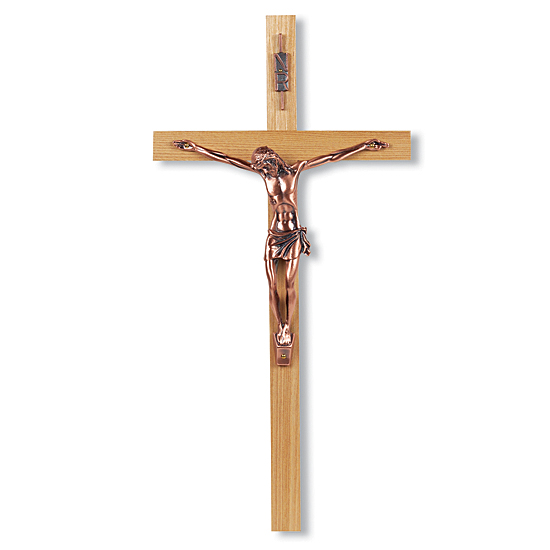 Oak Wood Wall Crucifix with Copper-Plated Corpus - 13 inch - Brown