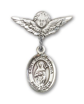 Pin Badge with St. Scholastica Charm and Angel with Smaller Wings Badge Pin - Silver tone