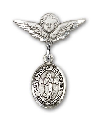 Pin Badge with St. Isidore the Farmer Charm and Angel with Smaller Wings Badge Pin - Silver tone