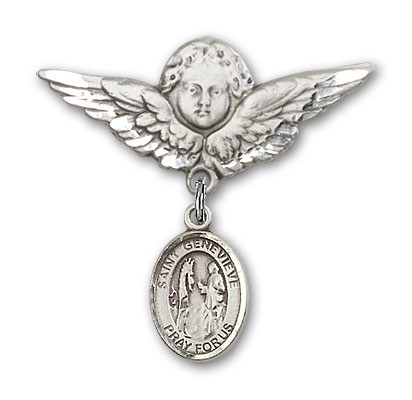 Pin Badge with St. Genevieve Charm and Angel with Larger Wings Badge Pin - Silver tone