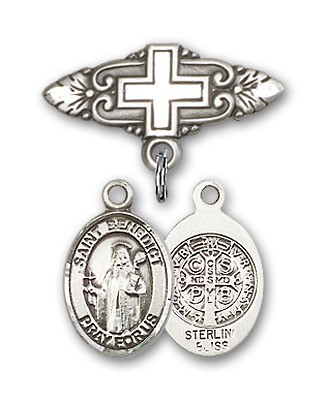 Pin Badge with St. Benedict Charm and Badge Pin with Cross - Silver tone