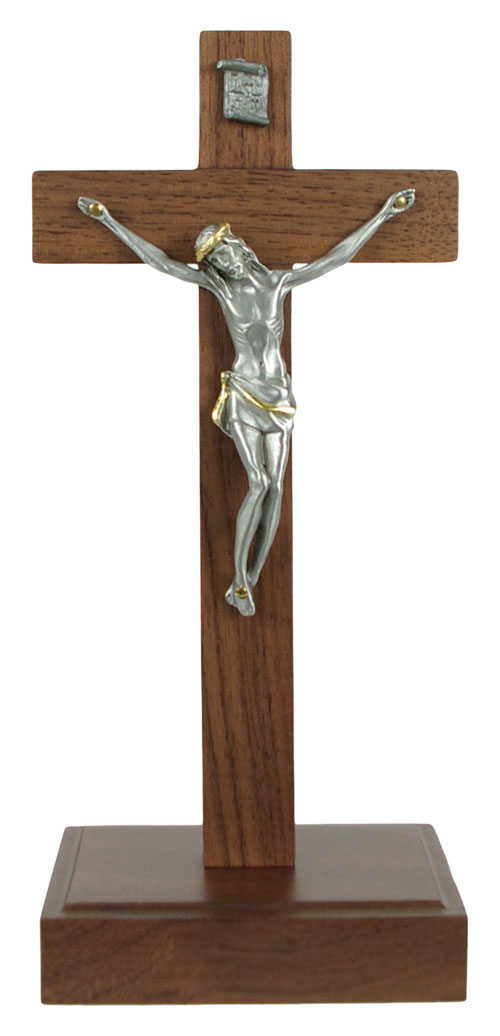 Standing Walnut Crucifix with Two-Tone Corpus 8 Inch - Brown