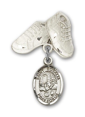 Pin Badge with St. Rosalia Charm and Baby Boots Pin - Silver tone