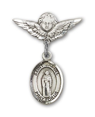 Pin Badge with St. Samuel Charm and Angel with Smaller Wings Badge Pin - Silver tone