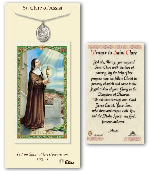 St. Clare of Assisi Medal in Pewter with Prayer Card - Silver tone