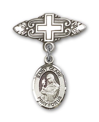 Pin Badge with St. Clare of Assisi Charm and Badge Pin with Cross - Silver tone