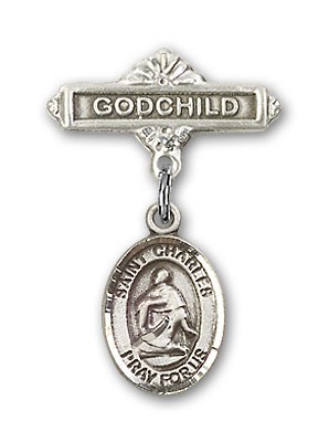 Pin Badge with St. Charles Borromeo Charm and Godchild Badge Pin - Silver tone