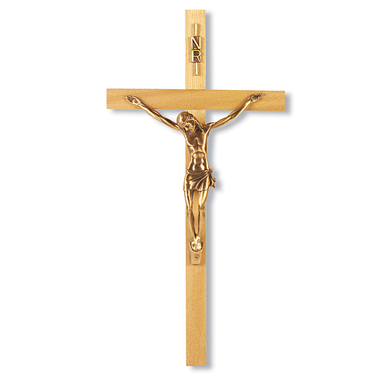 Oak Wall Crucifix with Gold Plated Corpus- 13 inch - Brown
