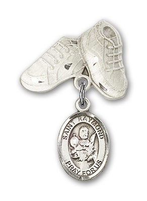 Pin Badge with St. Raymond Nonnatus Charm and Baby Boots Pin - Silver tone