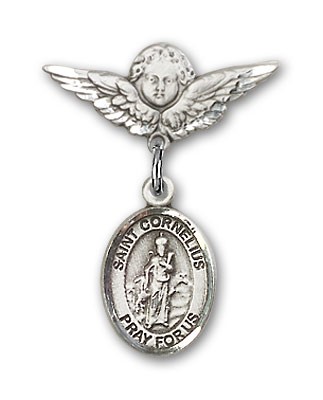 Pin Badge with St. Cornelius Charm and Angel with Smaller Wings Badge Pin - Silver tone