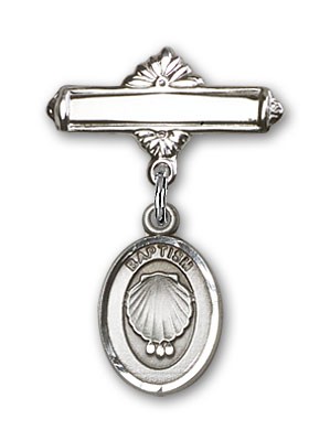 Baby Pin with Baptism Charm and Polished Engravable Badge Pin - Sterling Silver