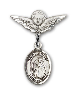Pin Badge with St. Aaron Charm and Angel with Smaller Wings Badge Pin - Silver tone