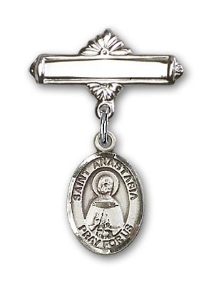 Pin Badge with St. Anastasia Charm and Polished Engravable Badge Pin - Silver tone