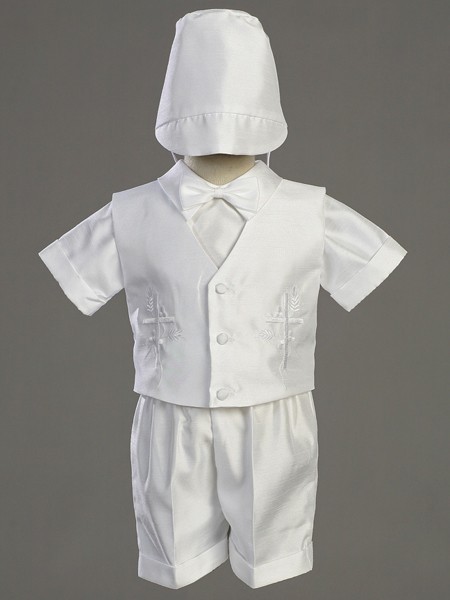 Boy's Embroidered Baptism Shantung Vest and Short Set - White