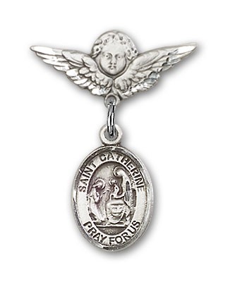 Pin Badge with St. Catherine of Siena Charm and Angel with Smaller Wings Badge Pin - Silver tone