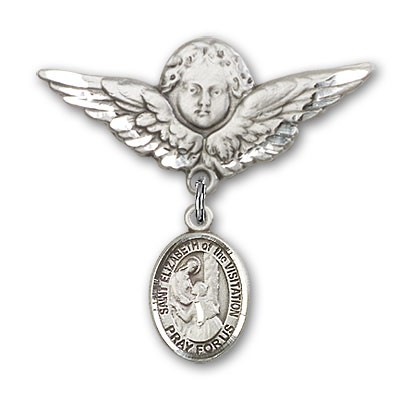 Pin Badge with St. Elizabeth of the Visitation Charm and Angel with Larger Wings Badge Pin - Silver tone