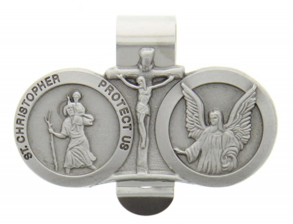St. Christopher &amp; Guardian Angel Auto Visor Clip Pewter - Silver