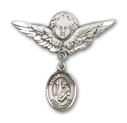 Pin Badge with St. Dominic de Guzman Charm and Angel with Larger Wings Badge Pin - Silver tone