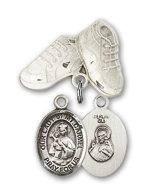 Baby Badge with Our Lady of Mount Carmel Charm and Baby Boots Pin - Silver tone