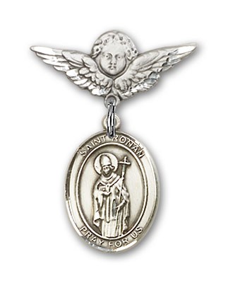 Pin Badge with St. Ronan Charm and Angel with Smaller Wings Badge Pin - Silver tone