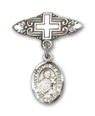 Pin Badge with St. Martin de Porres Charm and Badge Pin with Cross - Silver tone