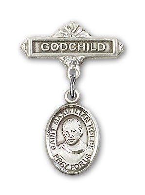 Pin Badge with St. Maximilian Kolbe Charm and Godchild Badge Pin - Silver tone
