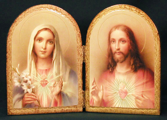 Immaculate Heart of Mary &amp; Sacred Heart of Jesus Florentine Diptych 9 1/2&quot; - Gold