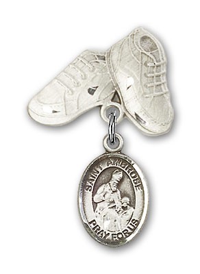 Pin Badge with St. Ambrose Charm and Baby Boots Pin - Silver tone