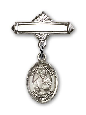 Pin Badge with St. Albert the Great Charm and Polished Engravable Badge Pin - Silver tone