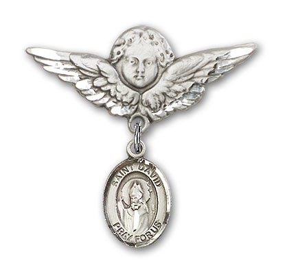 Pin Badge with St. David of Wales Charm and Angel with Larger Wings Badge Pin - Silver tone