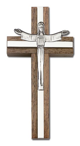 Contemporary Risen Christ Wall Cross in Walnut and Metal Inlay 4&quot; - Silver tone