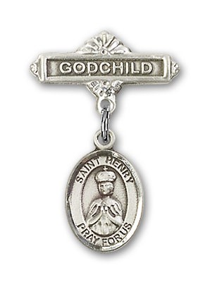 Pin Badge with St. Henry II Charm and Godchild Badge Pin - Silver tone