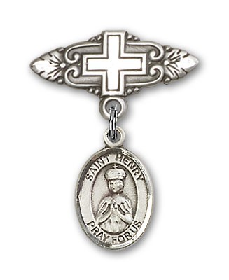 Pin Badge with St. Henry II Charm and Badge Pin with Cross - Silver tone
