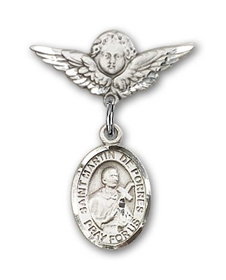 Pin Badge with St. Martin de Porres Charm and Angel with Smaller Wings Badge Pin - Silver tone